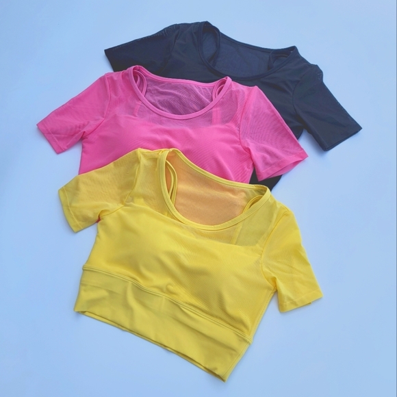 Pedigree Double Layered Mesh Crop Tee with Sports Bra Liner | Pink - Picture 10 of 10